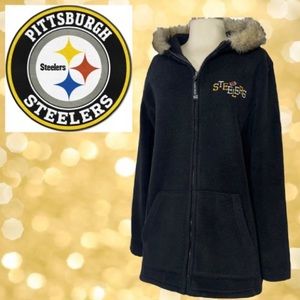 Steelers Jacket Black Hooded Coat Football Embroidery Hood Fur Collar Womens XL